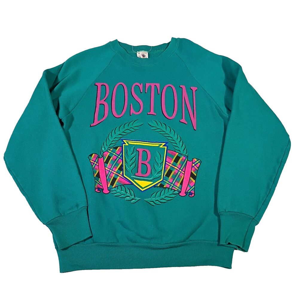 Vintage Boston Tourist Crewneck Sweatshirt 1993 Teal Hot Pink Women's M